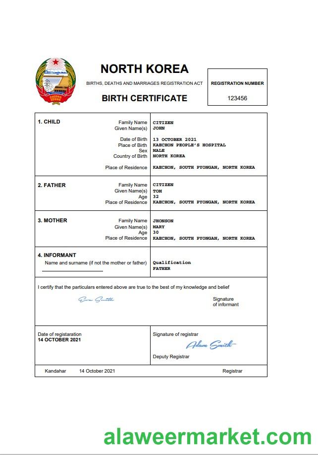 North Korea birth certificate Word and PDF template
